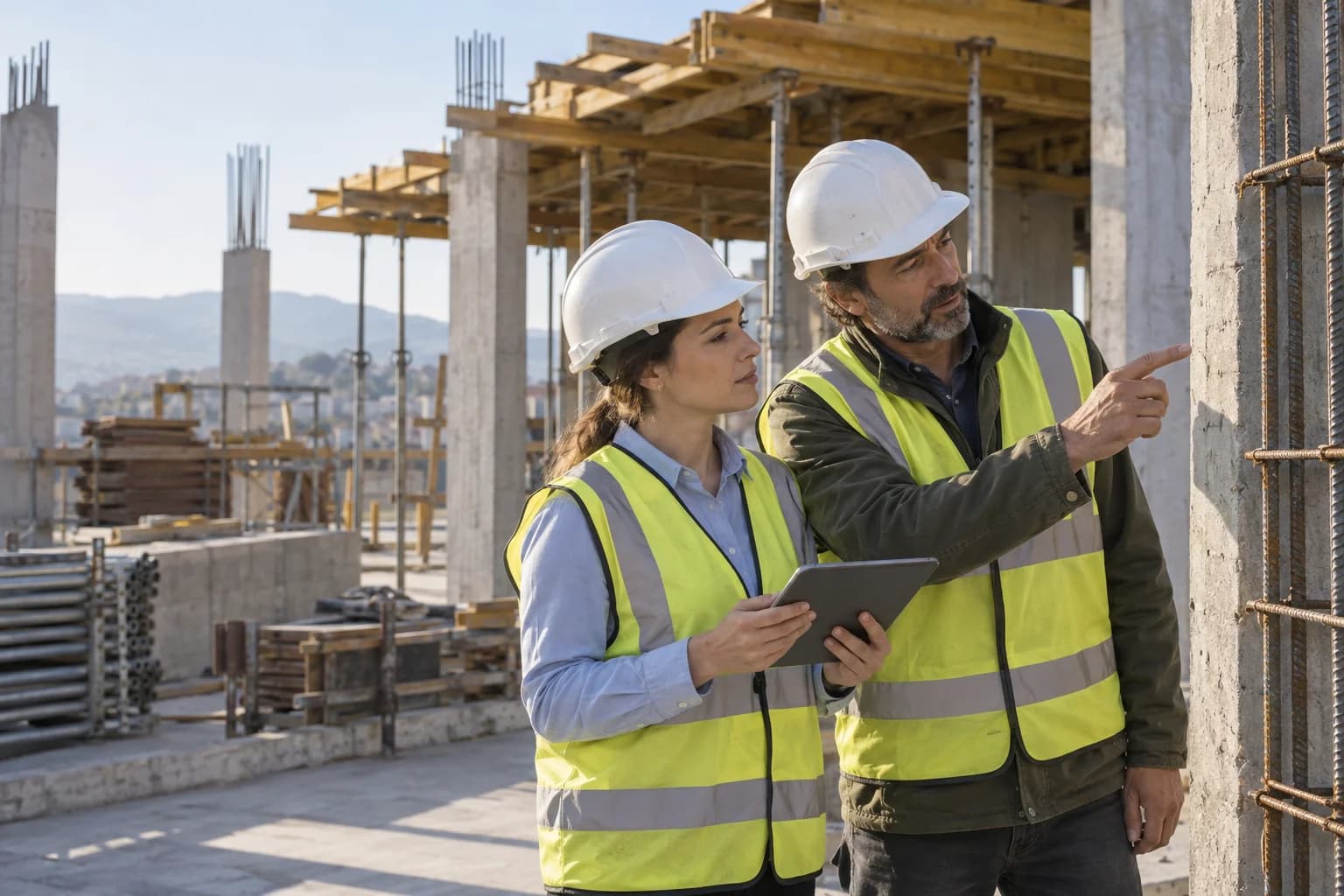 Scenă ilustrativă: profesioniști cu căști și tabletă verifică o structură pe șantier